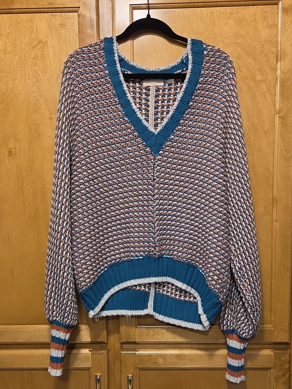 Ramy Brook Teal-Trim Multicolor V-Neck Knit Sweater
